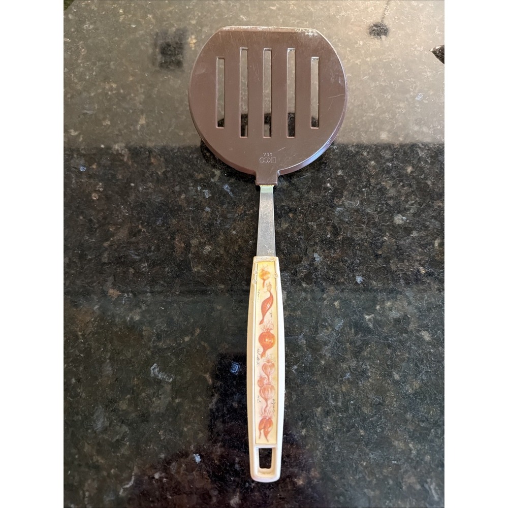 Vtg Ekco USA Short Slotted Round Spatula 11" Brown Nylon Almond Onion Handle